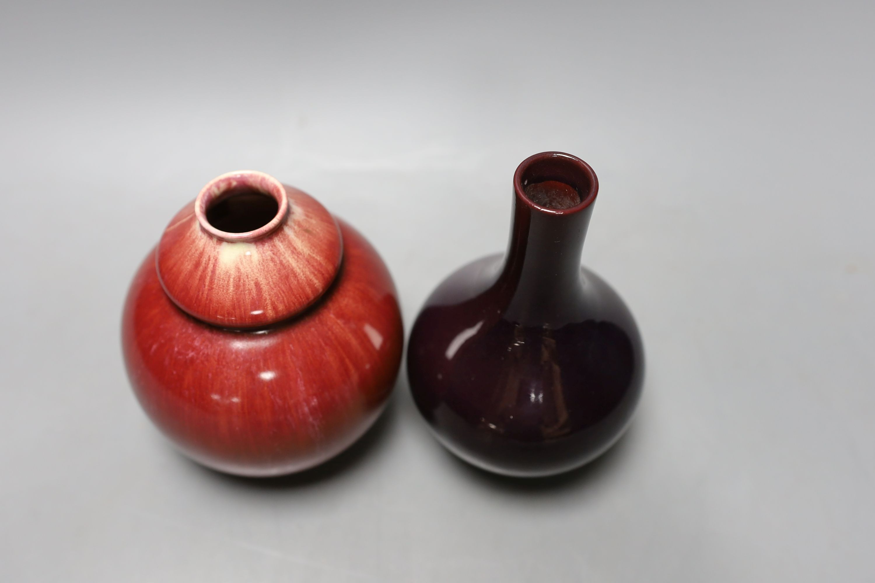 Two Pilkington's Royal Lancastrian flambe small vases - tallest 15cm